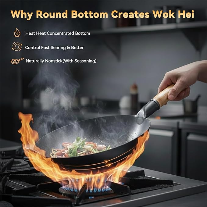 WANGYUANJI 13.4" Carbon Steel Wok - Round Bottom (Fits Wok Burner OR Flat Gas Stove with Ring) - Nitriding Iron Pow Wok (No Coating, Heavy Duty & Durable)