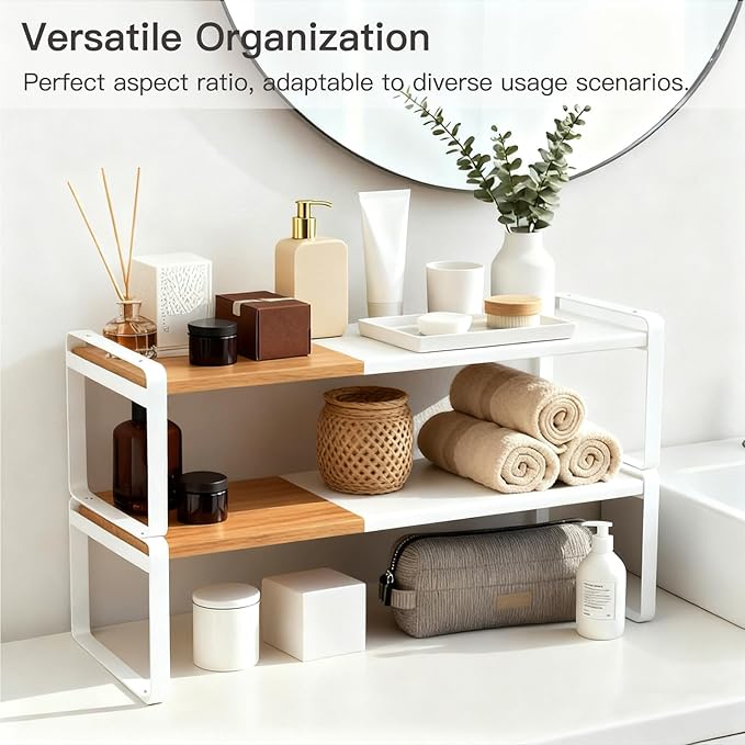 Expandable Cabinet Shelf Organizer & Spice Rack, Stackable Kitchen Counter Riser with Anti-Slip Legs, Bamboo Cupboard Storage for Dish, Plate & Canned Food, Small Shoe Rack for Closet (White)
