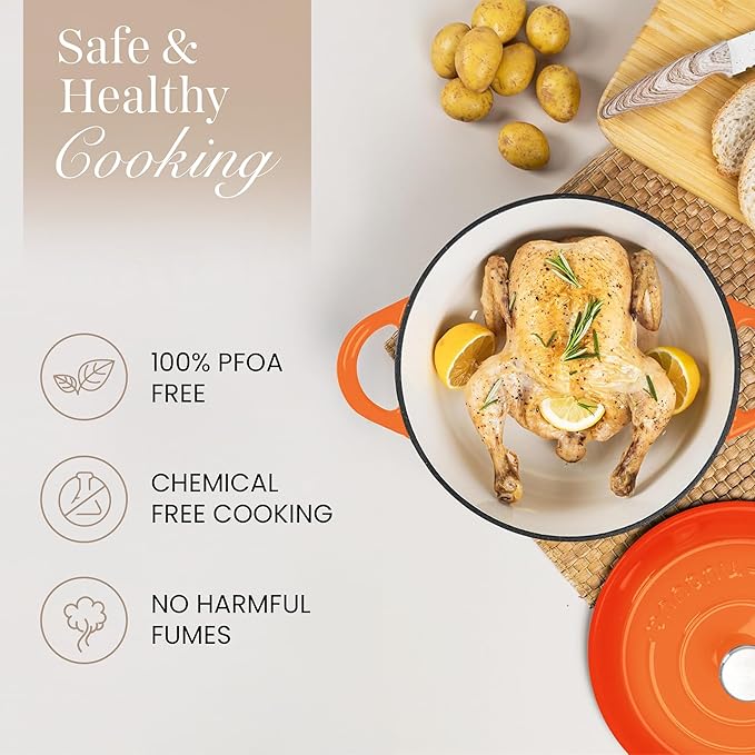 Cast Iron Pot with Lid – Non-Stick Ovenproof Enamelled Casserole Pot, Oven Safe up to 500° F – Sturdy Dutch Oven Cookware – Orange, 5-Quart, 24cm – by Nuovva