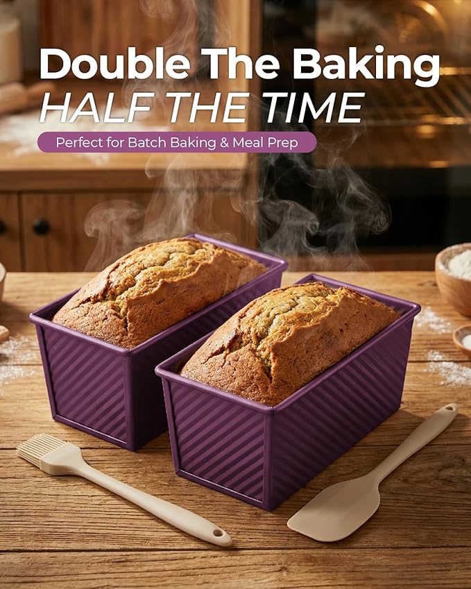 CARTMAN Bread Loaf Pan 2 Pack, 9x4 Pullman Loaf Pan with lid and a Silicone Spatula and Basting Pastry Brush, 1 lb Dough Capacity,Non-Stick Carbon Steel bread pans for homemade bread Plum Purple