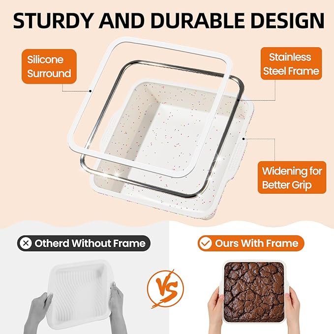 SJ 8 x 8 Inch Silicone Square Cake Pan with Metal Reinforced Frame Set of 2, Nonstick Silicone Cake Molds BPA Free Suitable for making Cakes Brownies Cheesecakes Pie Bread