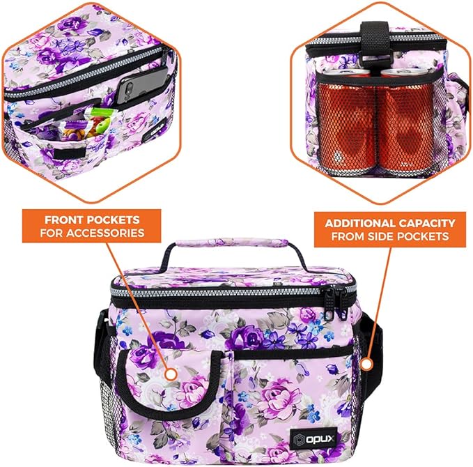 opux Insulated Lunch Bag for Men Women, Leakproof Floral Purple Lunch Box for Work, Portable Soft Lunch Cooler Bag with Shoulder Strap, Adult Lunchbox Lunch Pail for Kid Boy Girl School, 14 Can/8L