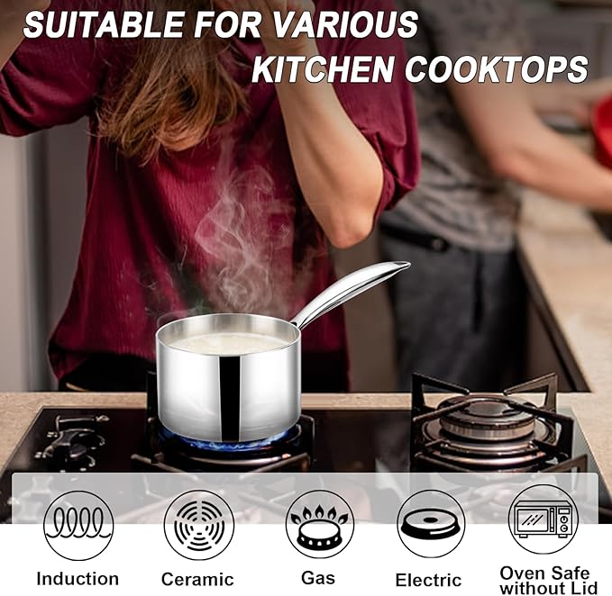 TeamFar 1qt Saucepan with Lid, Stainless Steel Tri-ply Small Cooking Pot Sauce Milk Pan with Ergonomic Handle, for Induction/Gas/Electric/Ceramic, Healthy & Heavy Duty, Dishwasher Safe