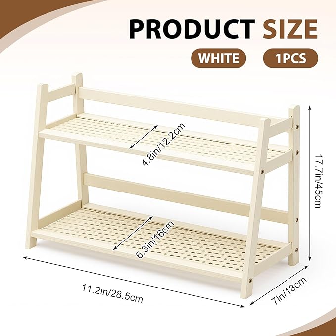 1 Pcs 2 Tier Matcha Station Shelf Bamboo Coffee Mug Stand Countertop Storage Rack, Double Layer Rattan Office Cup, Kitchen, Tea, Plant, Bar Accessories Condiment Display (White,17.7 Inch)