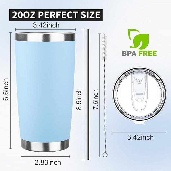 20oz Tumbler with Lid and Straw Double Wall Powder Coated Vacuum Insulated Coffee Tumbler Stainless Steel Insulated Travel Coffee Mug Spill-Proof Thermal Cup for Hot and Cold Beverage,Baby Blue