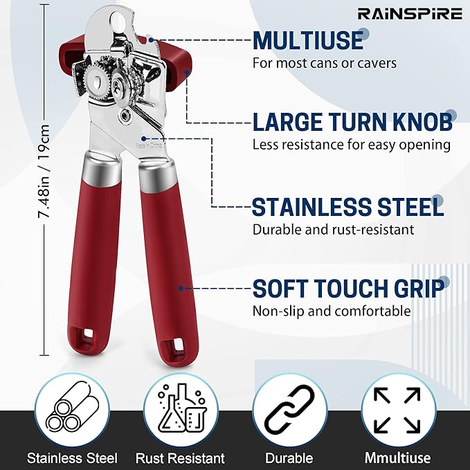 Rainspire Can Opener Manual Handheld Strong Manual Can Opener Smooth Edge Cut, Can Opener Heavy Duty, Comfortable Soft Handle, Built-in Bottle Opener, Red