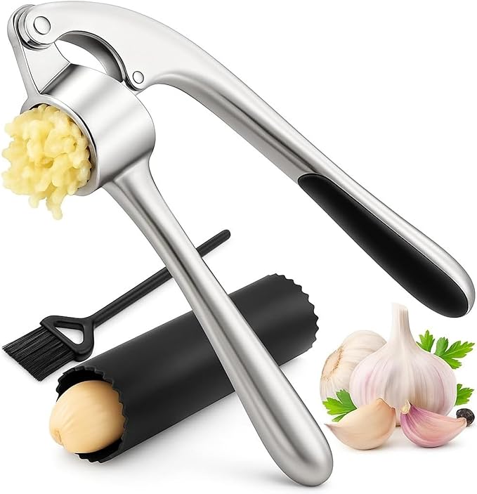 Garlic Crusher Stainless Steel | Mincer Tool | Rustproof Garlic Masher | Garlic Press | Easy to Clean & Squeeze | Travel Friendly | Dishwasher Safe Presser (Silver)