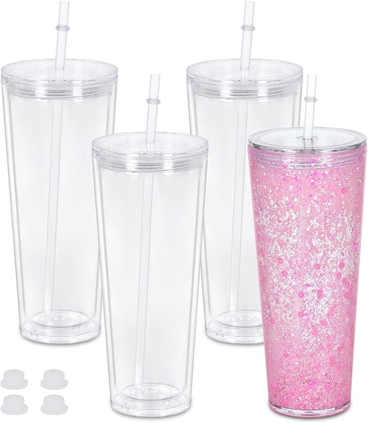 24 Oz Acrylic Snowglobe Tumbler, 4 Pack Pre-Drilled Double Wall Acrylic Clear Cup For Glitter Snow Globe Diy, Double Wall Snowglobe Cup