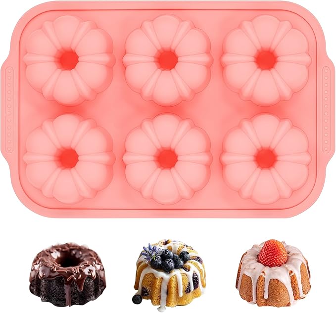 FUNBAKY Mini Fluted Tube Cake Pans for Baking with Metal Reinforced Frame, 2Pcs Silicone 6-Cavity Mini Flan Molds, Nonstick Baking Mold for Cupcake, Brownie, Donuts, Cornbread, Jello