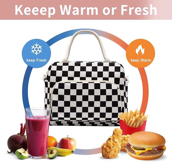 Lunch Box for Women Insulated Lunch Bag Women Adult Cute Lunch Bags Reusable Lunchbox Cooler Tote Bag for Work Picnic (Black-White Plaid)