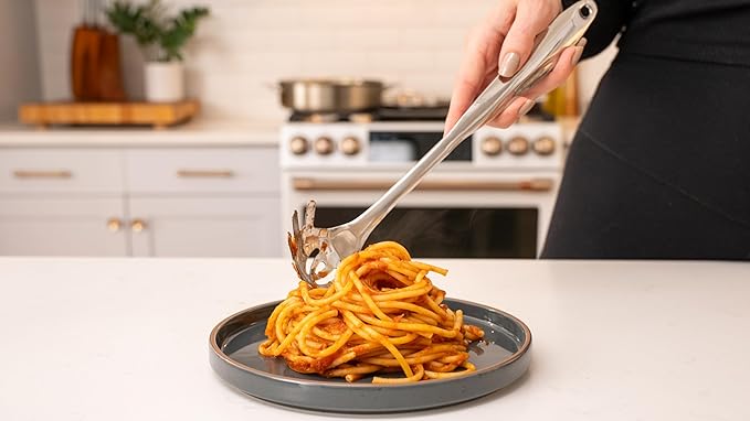 Stainless Steel Pasta Serving Spoon – Pasta Spoon with Teeth - Elegant One-Piece Spaghetti fork, Durable Pasta Utensil for Cooking & Serving - Easy to Clean