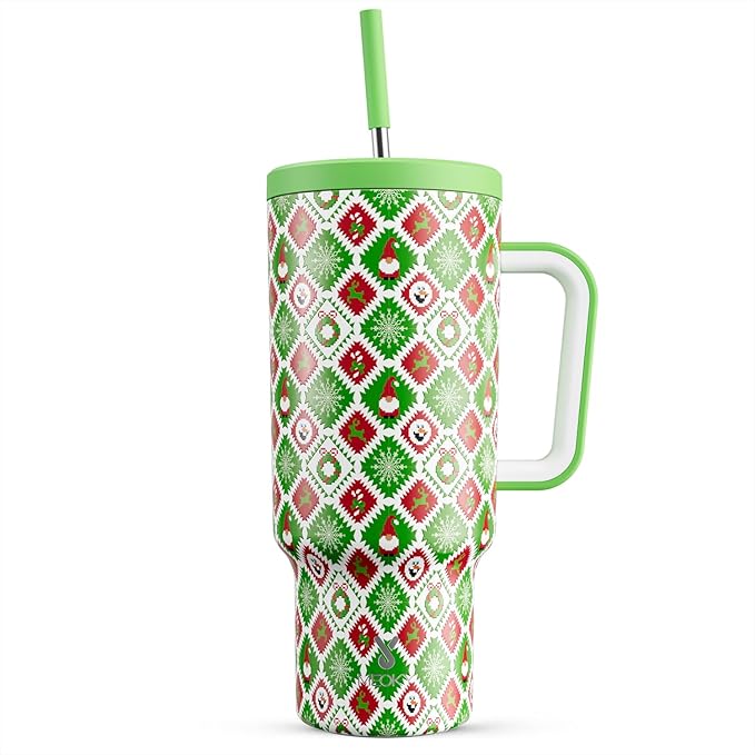 Meoky 40 oz Christmas Tumbler with Handle and Straw, Xmas Tumbler with Lid and Straw, Insulated Stainless Steel Travel Mug, Christmas Gifts for Women Men Adults (Snowy Santa)