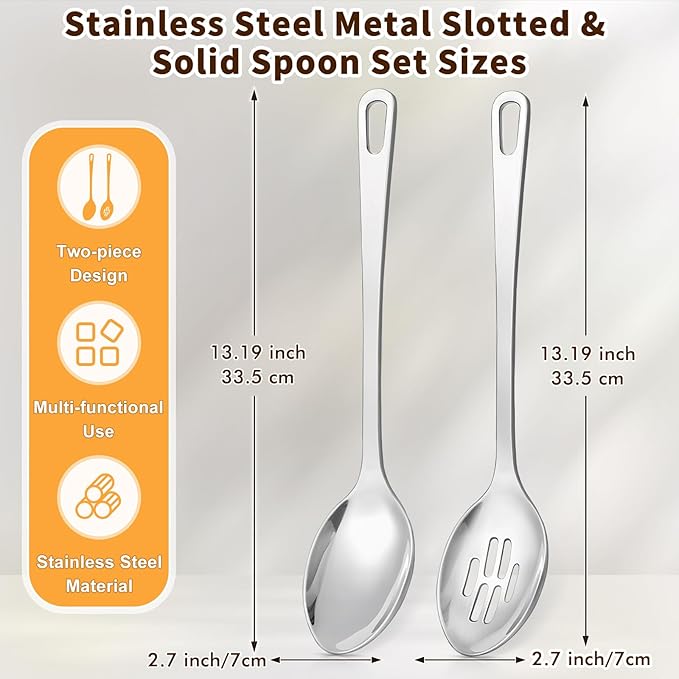Stainless Steel Cooking Spoon, Solid Metal Serving Spoon, Heavy Duty Sturdy Large Soup Ladle, High Heat Resistant Kitchen Cooking Utensils for Mixing, Stirring, Ergonomic Handle, Easy to Clean, Silver
