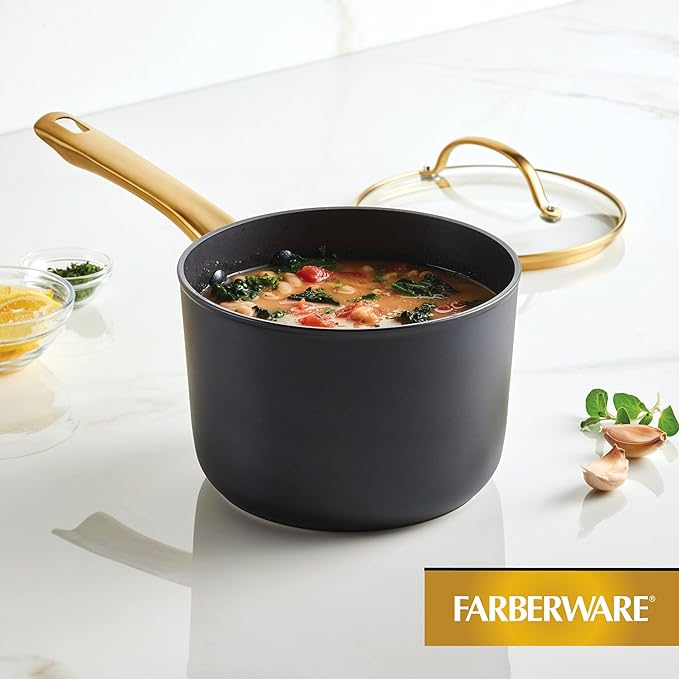 Farberware Forged Induction Ceramic Cookware Nonstick Saucepan with Lid, Dishwasher Safe, Suitable for All Stovetops, 3 Quart Sauce Pan - Black and Gold