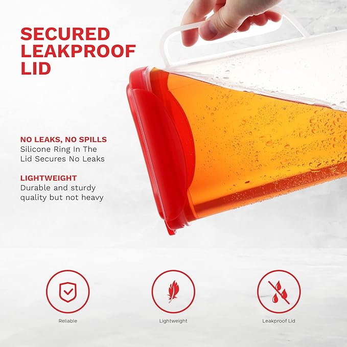Pitcher 50 Oz. | Plastic Pitcher with Lid | Jug for Fridge | Juice Container with Lid | Iced Tea Pitcher | Airtight Pitcher with Spout Perfect for Lemonade, Water. BPA Free, Red (Small))