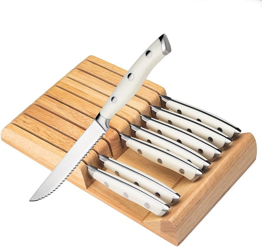 Alata 8-Piece White Steak Knives Set with Block, Stainless Steel Steak Knife set with Serrated Edge, Razor-Sharp, Full-Tang Construction