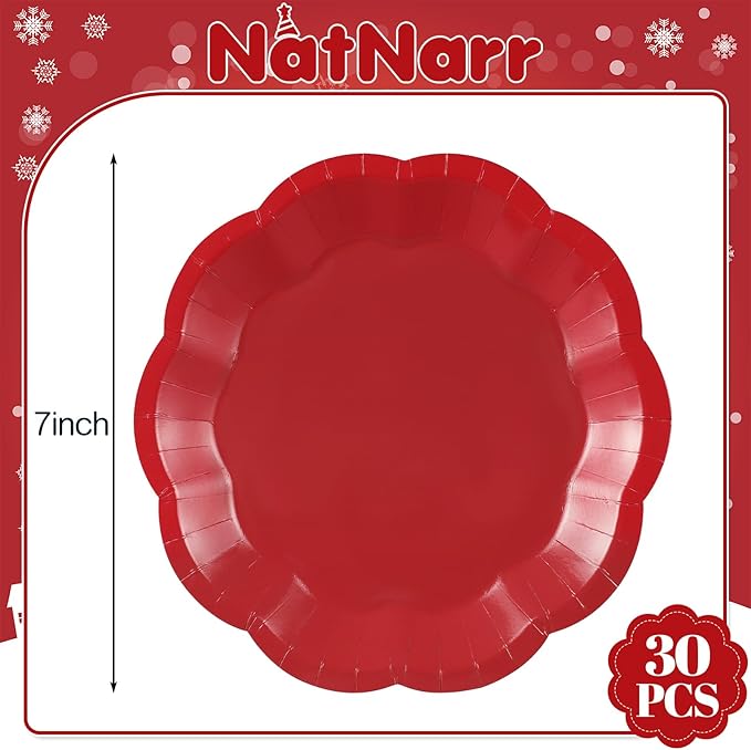 30 Pcs Red Paper Plates 7 Inch Red Scalloped Paper Plates Dessert Cake Plate for Mother's Day, Wedding, Birthday, Baby Shower, Bridal Shower