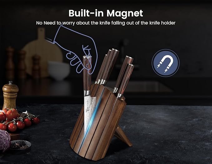 Knife Set 7 Piece Japanese Style Kitchen Knife Set With Foldable Magnetic Acacia Wood Block Sharp High Carbon Stainless Steel Knives Set for Kitchen with Anti-slip Handle, Ideal Gift