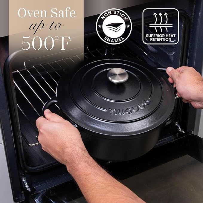 Cast Iron Dutch Oven with Lid – Non-Stick Ovenproof Enamelled Casserole Pot – Sturdy Dutch Oven Cookware – Black, 7.3-Quart, 30cm – by Nuovva