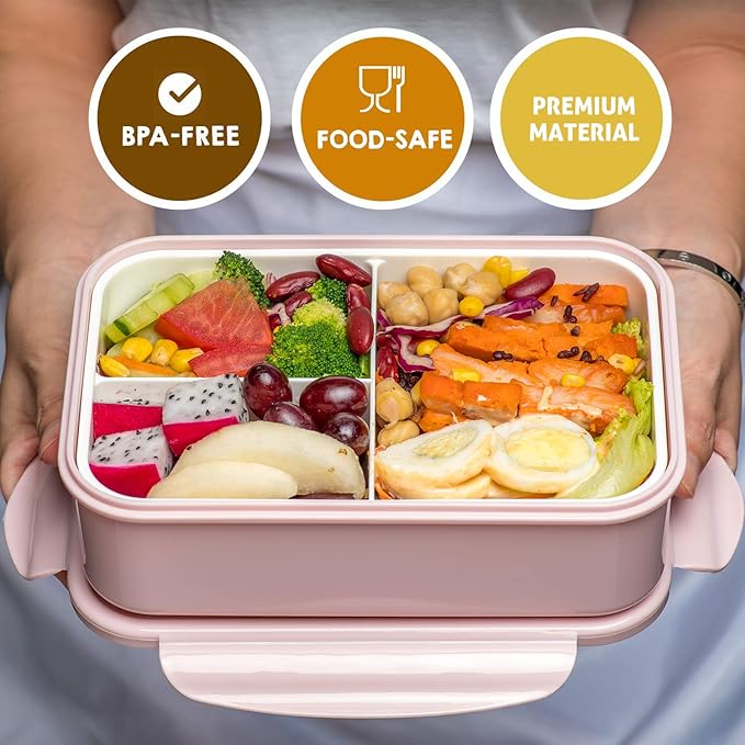 LOVINA Bento Boxes for Adults - 1100 ML Bento Lunch Box For Kids Childrens With Spoon & Fork - Durable for On-the-Go Meal, BPA-Free and Food-Safe Materials, Pink