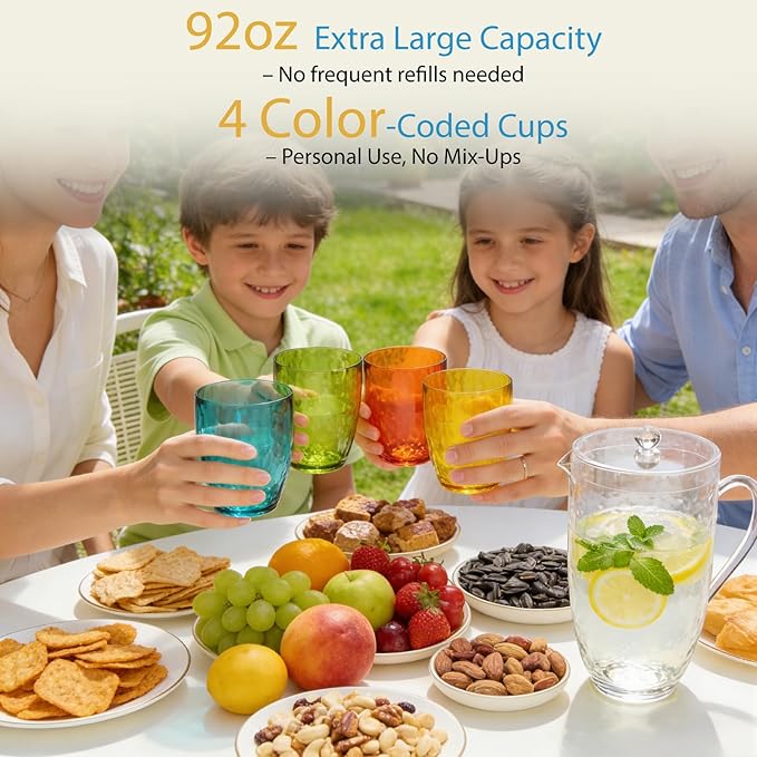 Pitcher with Lid and 4 Tumblers Set, 92oz Plastic Water Jug, BPA-Free Beverage Pitcher for Fridge, Large Drink Carafe for Party, Juice, Ice Tea, Sangria, Lemonade, (Set of 5 in Gift Box)