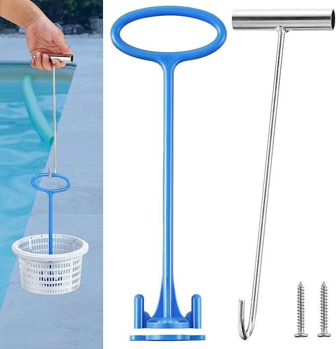 Dreyoo Pool Skimmer Basket Handle, Universal Skimmer Basket Hook Tool with Handle for Inground Above Pool Debris Removal, Keeps Hands Clean and Safe(1 Piece)