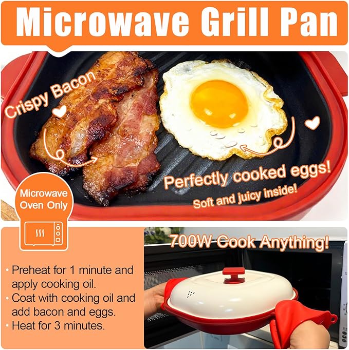Microwave Grill Pan with Cover, Microwave Cookware Multi-Use for Grilling, Frying, Browning and Crisping, Microwave Bacon Cooker, Omelette Maker, Omelette Pan, Quesadilla Maker, Easy to Clean (Red)