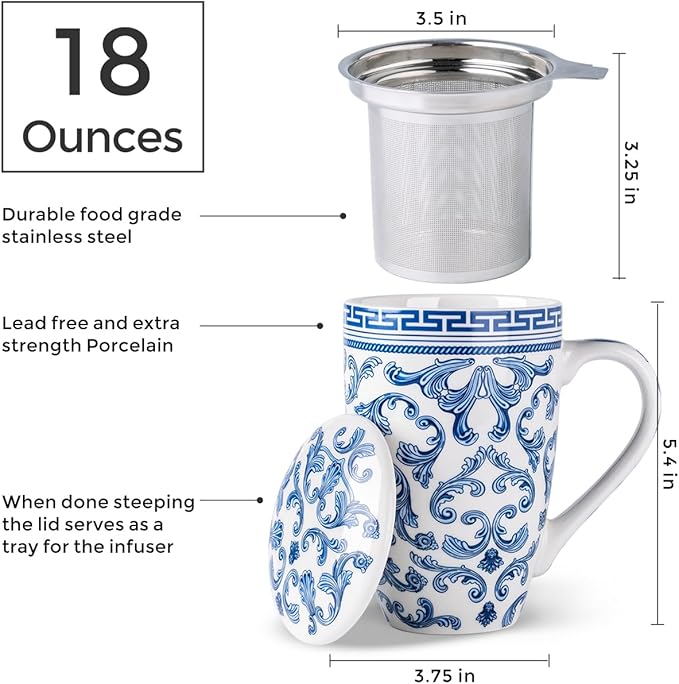 AmorArc Porcelain Tea Mug with Infuser and Lid – 18oz Loose Leaf Tea Cup with Handle, Gift for Tea Lovers (Men & Women)