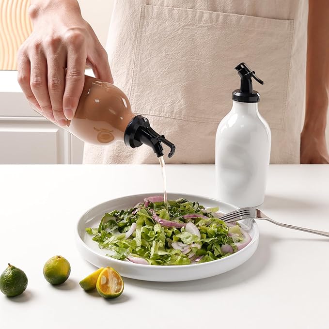 Ceramic Oil Dispenser Bottle with Acrylic Spout - Mini Kitchen Oil & Vinegar Cruet for EVOO, Avocado Oil - Easy-Grip Design, Compact Size 285ml (Glossy Brown)