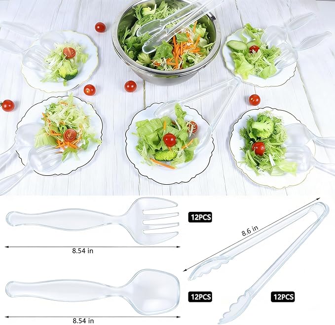 36Pcs Clear Plastic Serving Utensils Disposable Serving Spoons Forks Tongs for Party Utensils Supplies for Dinner Parties Buffets Salad Noodles Soup and Weddings (Clear)