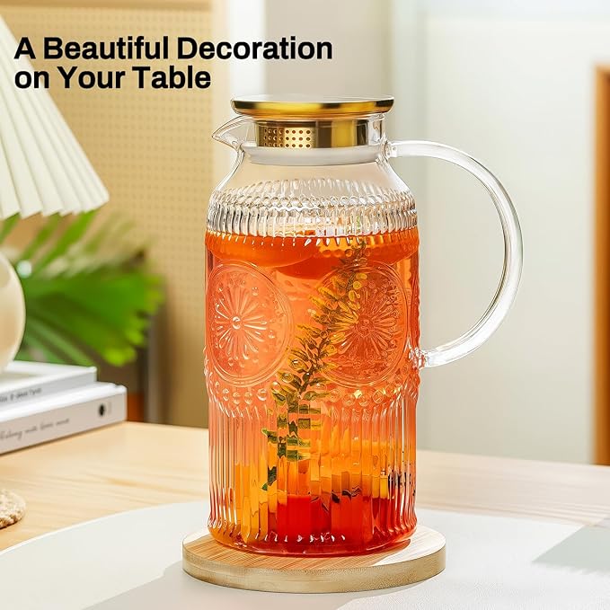 Glass Pitcher with Lid and Handle, 2 PACK 68 oz/2 Liter Vintage Embossed Sun Flower Water Pitcher, Clear Borosilicate Glass Water Carafe for Cold Brew, Iced Sun Tea,Beverage, Heat Resistant