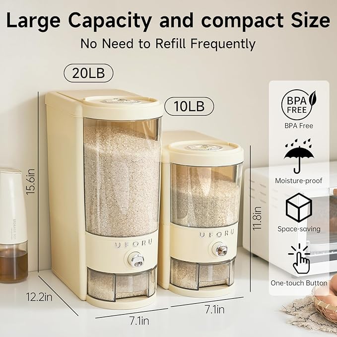 Rice Dispenser 10 lbs | Large Rice Storage Container for Kitchen&Pantry - Space-saving, Moisture & Pest-proof, BPA-Free - Dry Food Dispenser with One-Touch Dispenser & Measuring Cup for Families