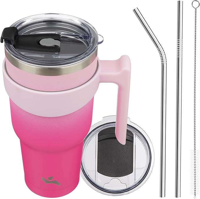 40 oz Tumbler with Handle and 2 Straw 2 Lid, Insulated Water Bottle Stainless Steel Vacuum Cup Reusable Travel Mug, Cherry