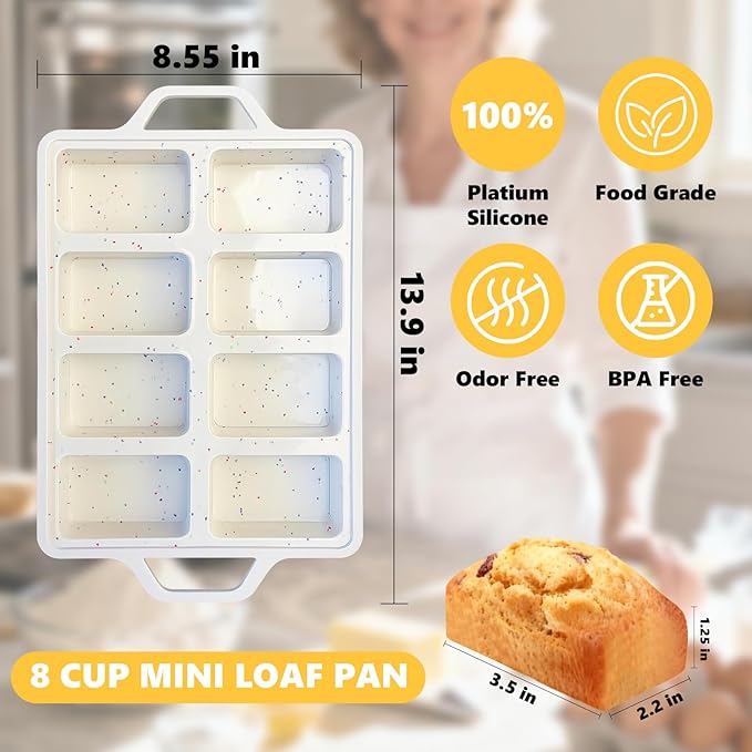 1PCS Nonstick Silicone Mini Loaf Pans with Metal Frame Gloves, 8 Cup Cavity Mini Bread Loaf Pans, Small Bread Pans for Baking, Tiny Baking Loaf Pans for Baking Bread, Loaf, Meatloaf, Brownie, Butter
