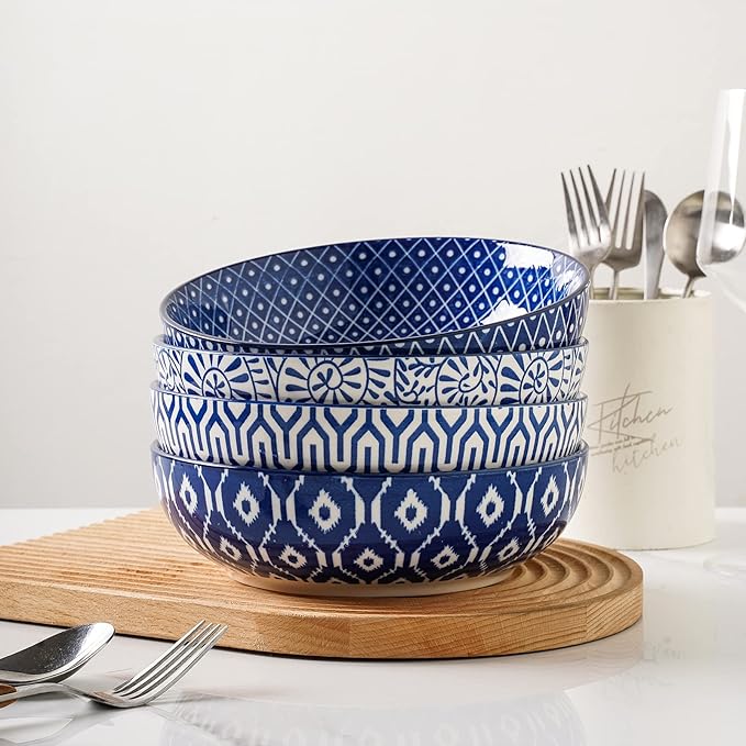 Selamica Ceramic Pasta Bowls Set of 4,Large Salad Bowls, Stackable Serving Bowls, Microwave Dishwasher Safe, 8.6 inch，50 OZ,Vintage Blue