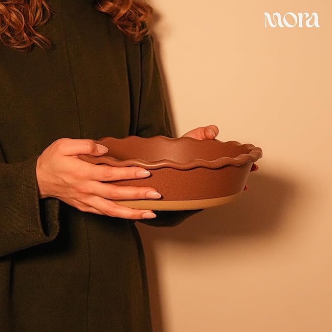 MORA Ceramic Pie Pan for Baking - 9 inch - Deep and Fluted Pie Dish for Old Fashion Apple Pie, Quiche, Pot Pies, Tart, etc - Modern Farmhouse Style Porcelain Ceramic Pie Plate - Terracotta