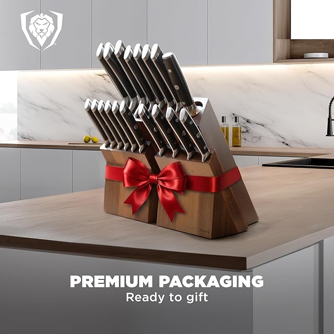 Dalstrong 18-Piece Kitchen Knife Set Block - High Carbon German Steel Full Tang - Acacia Wood Knife Block Set - Black Handles ABS Gladiator Series - Professional NSF Knives set for Kitchen Cuchillos