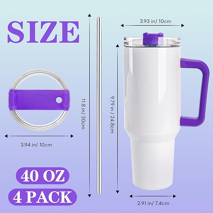 D·S 4 Pack Sublimation Tumblers 40 OZ with Handle Blank Insulated Large Tumbler Bulk, Coffee Travel Cups Stainless Steel Travel Mug for Diy Craft Heat Press Print