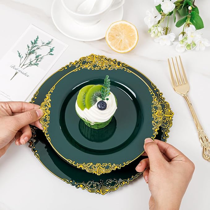 102PCS Green Plastic Plates - Green and Gold Plates - Fancy Heavy Duty Disposable Plate - Heavyweight Dinner & Dessert Plate for 51 Guests for Spring Party & Wedding