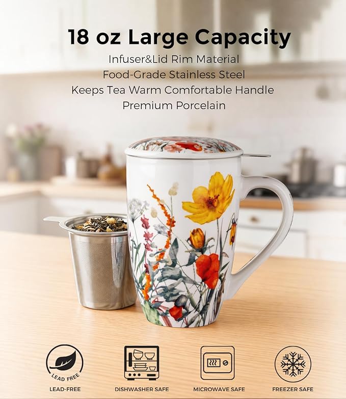 AmorArc Porcelain Tea Mug with Infuser and Lid – 18oz Loose Leaf Tea Cup with Handle, Gift for Tea Lovers (Men & Women)