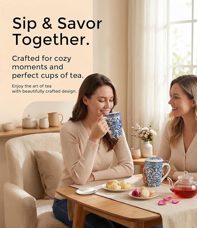 AmorArc Porcelain Tea Mug with Infuser and Lid – 18oz Loose Leaf Tea Cup with Handle, Gift for Tea Lovers (Men & Women)