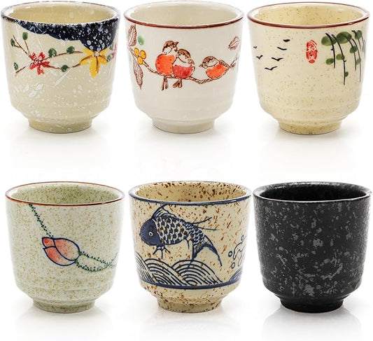 6 Pieces Japanese Tea Cups, 6 Oz Ceramic Coffee Cup with Good Heat Retention, No Handle Teacup Matcha Mug for Latte, Juice, Gift, Dishwasher Safe