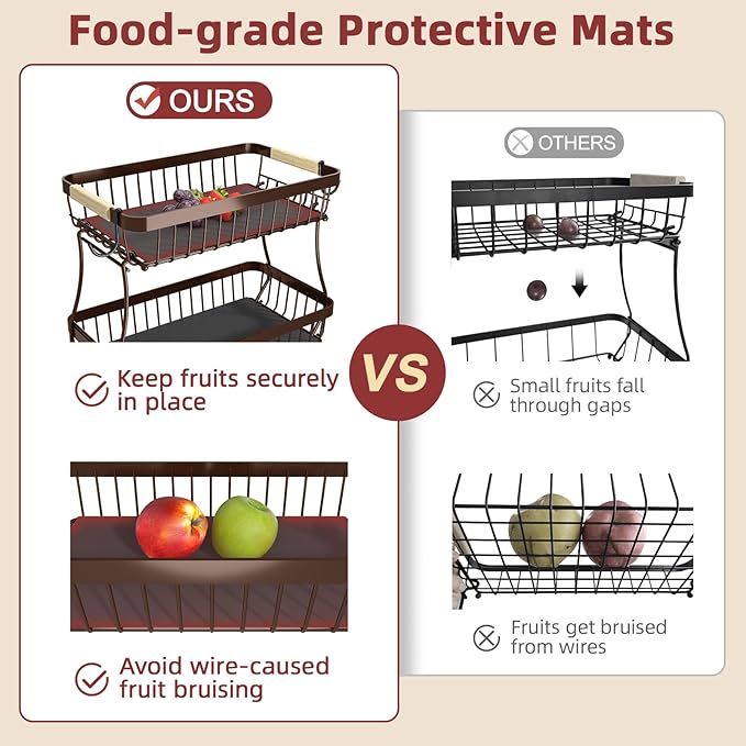 2 Tier Large Fruit Basket for Kitchen Counter with 2 Mobile Banana Hangers, 2026 Pro Detachable Metal Fruit Bowl with Wooden Handle (Brown, 2 Tier Extra Large)