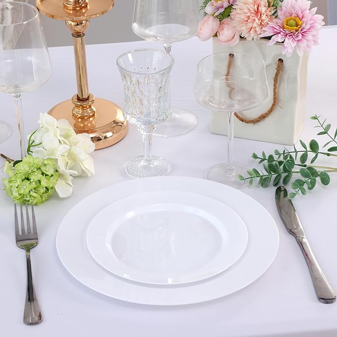 Moretoes 100PCS White Plastic Plates Disposable 10.25inch Dinner Plates and 7.5inch Dessert Salad Plates Heavy Duty Plates for Wedding Party and Birthday