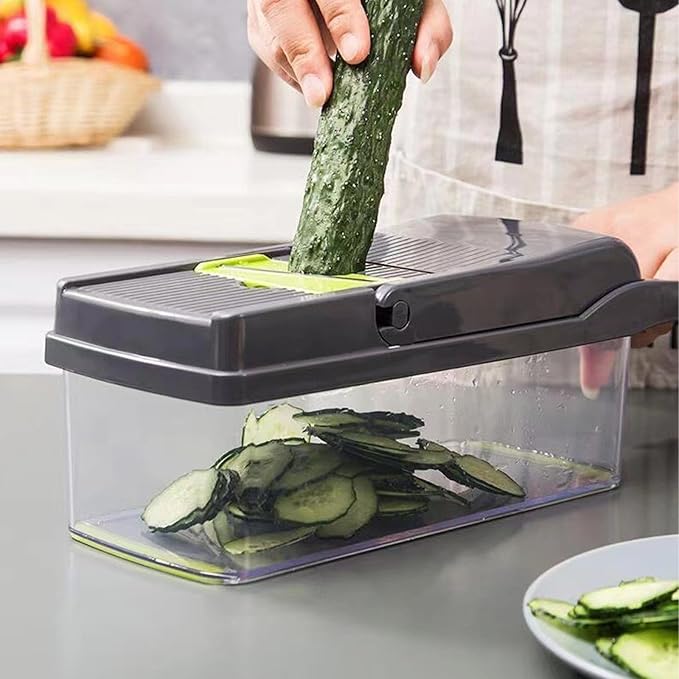 HHTAOR 16-in-1 Multifunctional Vegetable Chopper, Professional Food Veggie Chopper with 6 Blades & Container, Mandoline Slicer Onion Dicer Potato Tomato Cutter, Kitchen Gadgets Essentials (Grey)