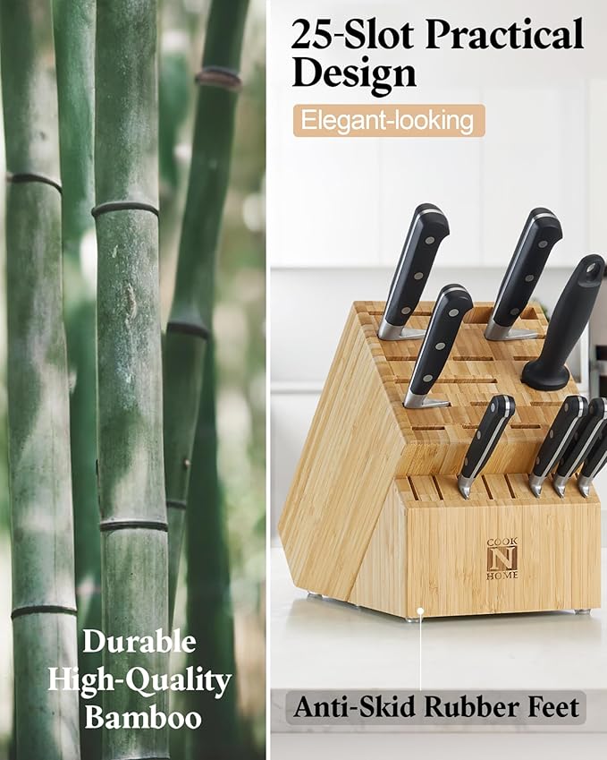Cook N Home Bamboo Knife Storage Block without Knives, 25 Slots Universal Knife Holder Countertop Butcher Block Knife Stand for Easy Kitchen Storage