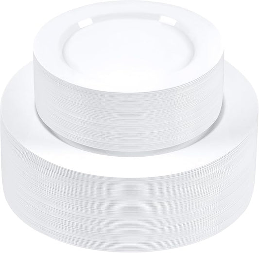 SETUP Case of 300 Combo Plastic Plates - Premium Heavy-Duty 150 Disposable 10.25" Dinner and 150 7.5" Salad White Plates for Wedding, Party, and All Occasions