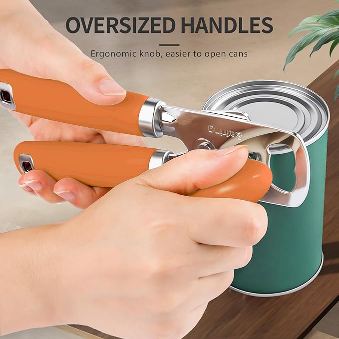 Can Opener Manual, Heavy Duty Stainless Steel Smooth Edge Can Opener With Soft Touch Handle, Oversized Handheld Easy Turn Knob, Multi-Function Bottle Opener, Orange