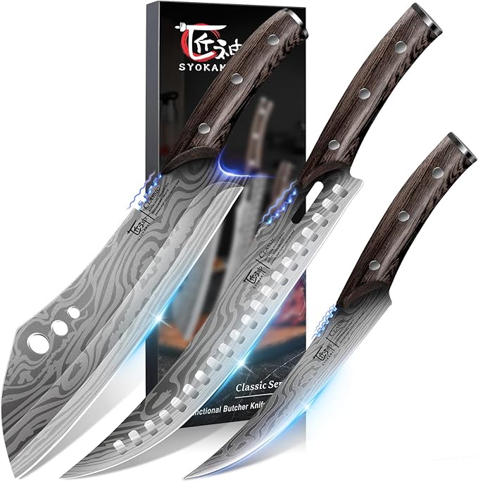 Butcher Knife Set, 3 PCS Kitchen Knives Set for Cutting, Meat Cleaver Chef Knife Set, Japanese Style High Carbon Steel Knives Set, Chopping & Slicing & Boning for Home and BBQ, Ideal Gift
