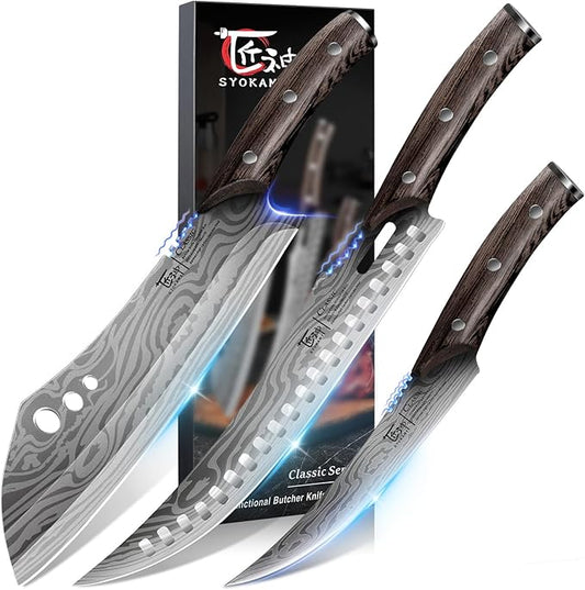 Butcher Knife Set, 3 PCS Kitchen Knives Set for Cutting, Meat Cleaver Chef Knife Set, Japanese Style High Carbon Steel Knives Set, Chopping & Slicing & Boning for Home and BBQ, Ideal Gift